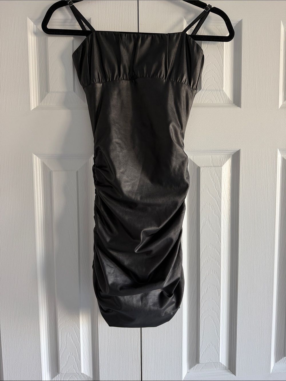 Katie J NYC XS Black Faux Leather Look Mini Dress Ruched Bodycon Slip Dress